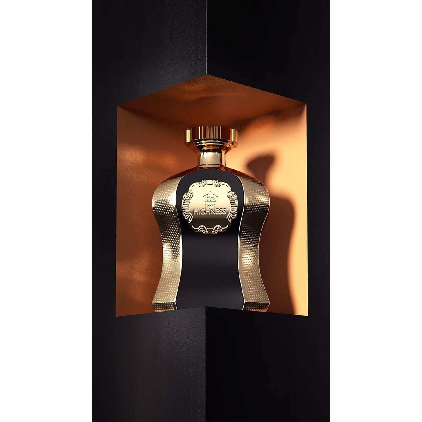 Luxury black and gold perfume bottle labeled 'Her Highness' displayed in a gold niche