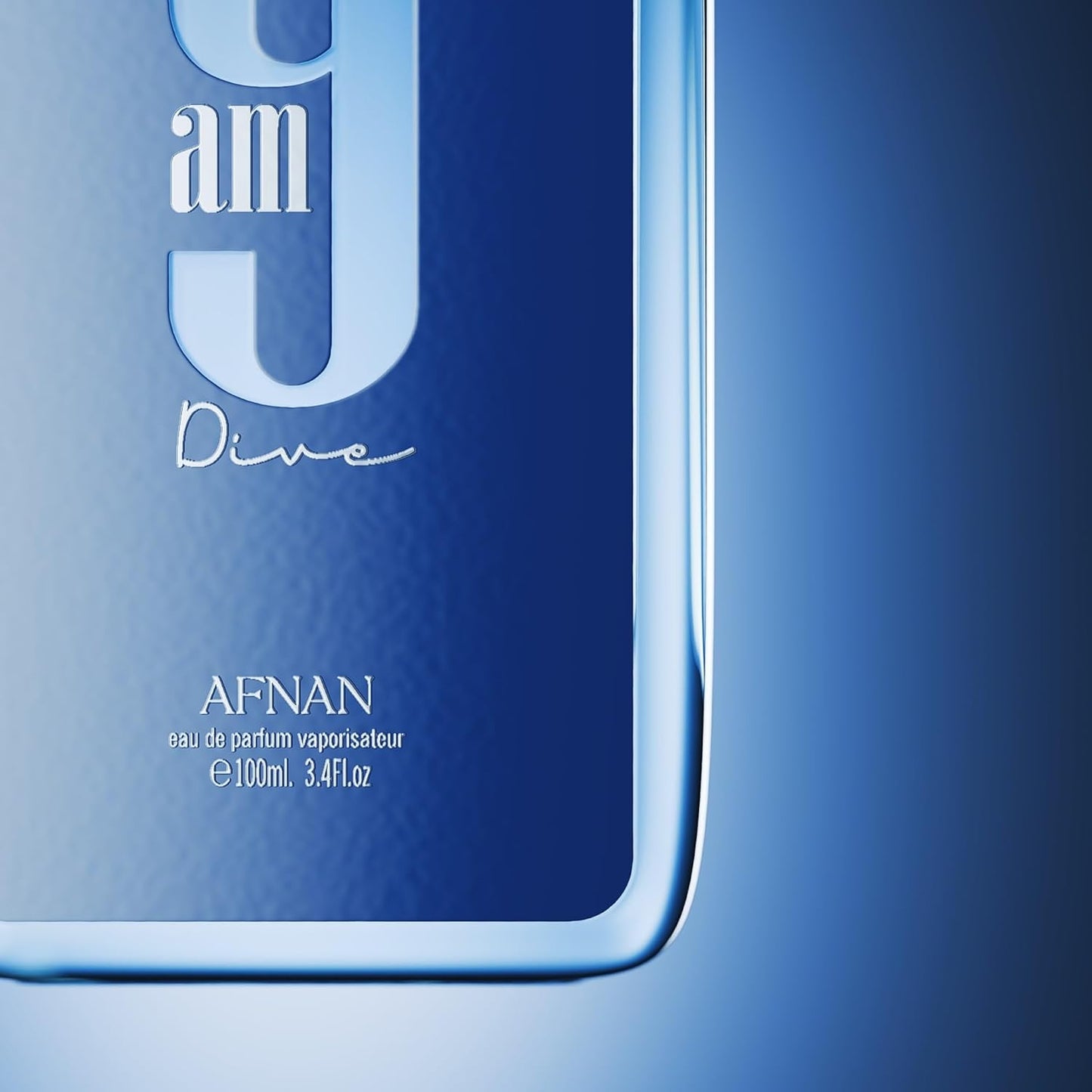 Afnan 9am Dive blue perfume bottle close-up with modern text design, 100ml size.