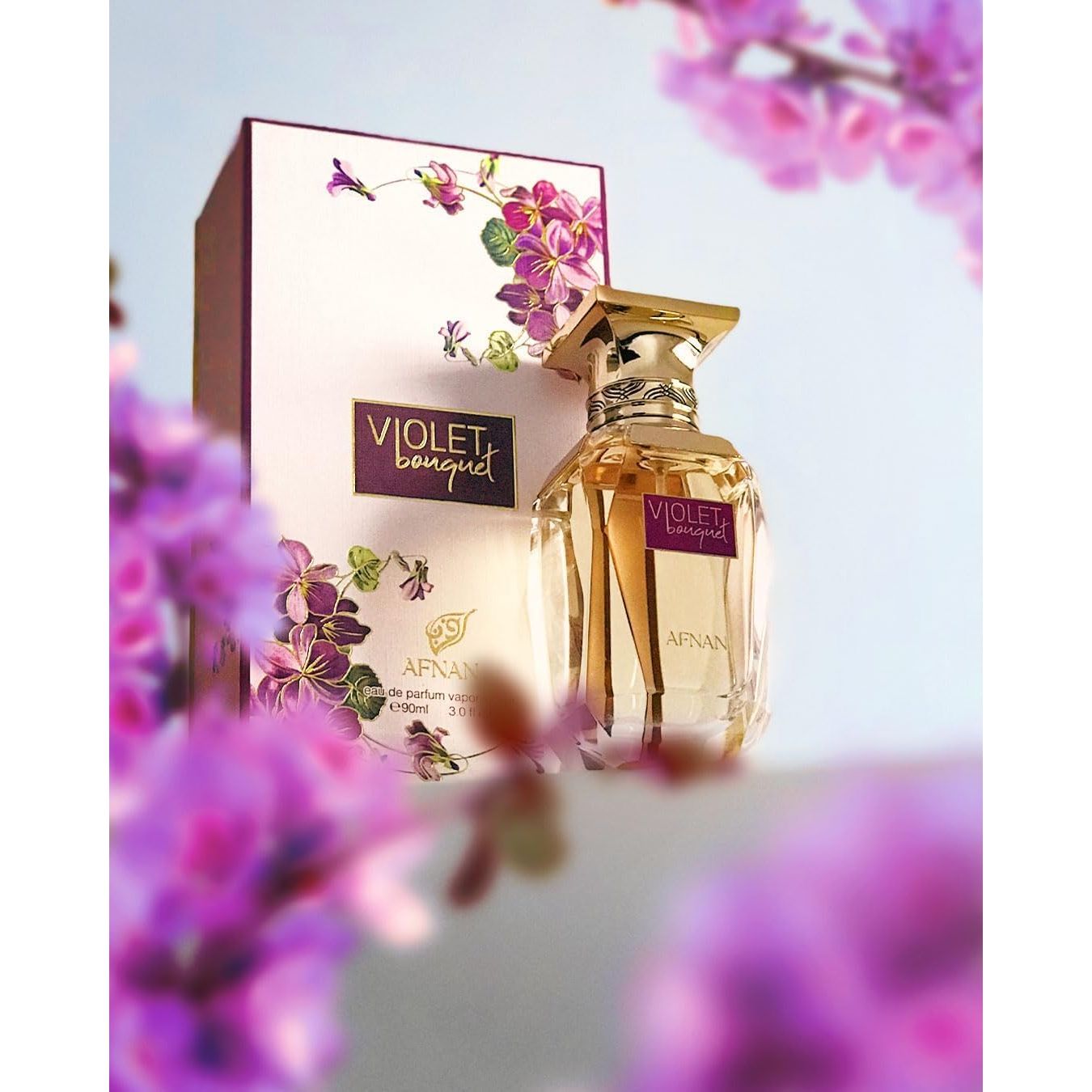 AFNAN Violet Bouquet eau de parfum bottle and box with purple floral design, luxury fragrance