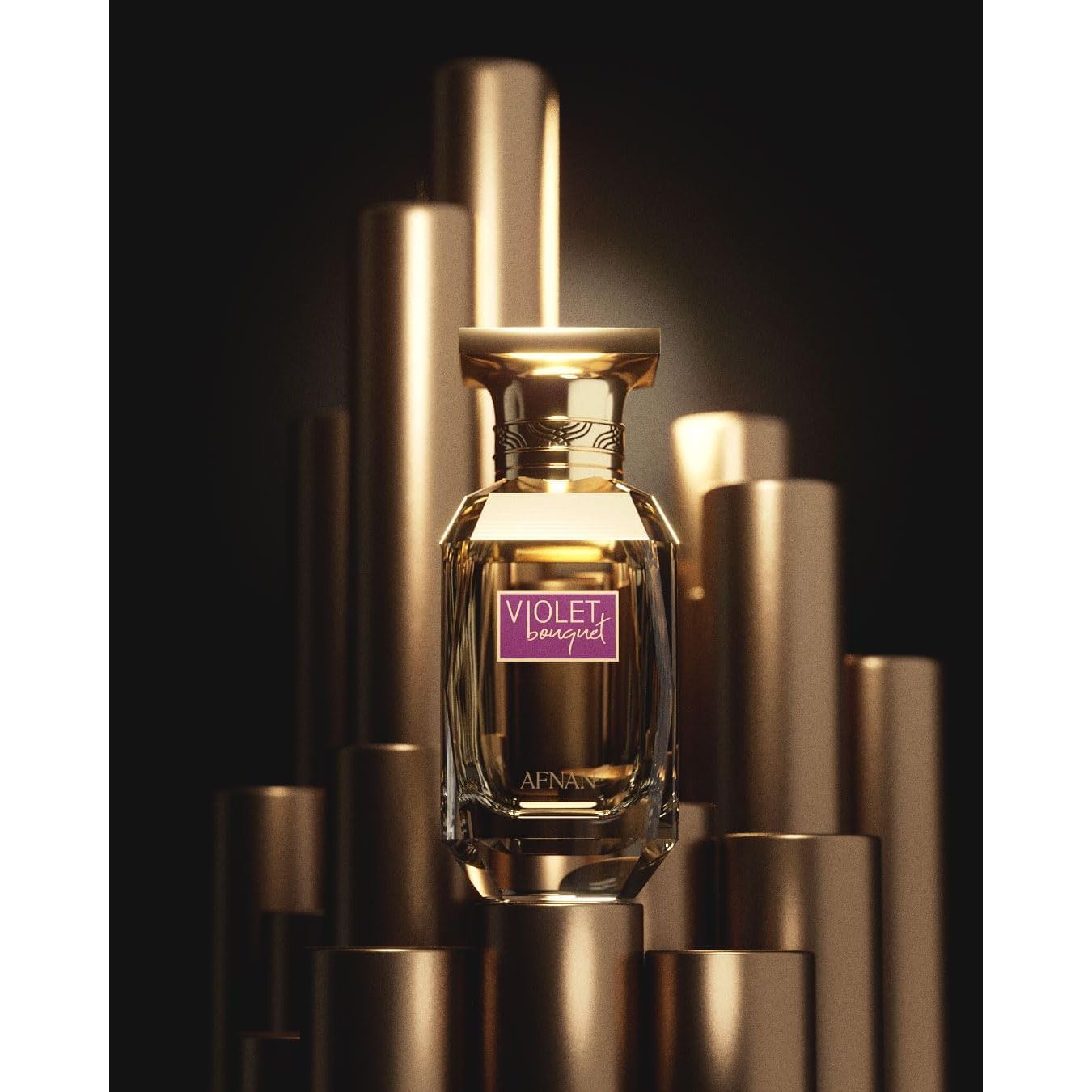 AFNAN Violet Bouquet luxury perfume bottle with golden accents, elegant design for long-lasting fragrance