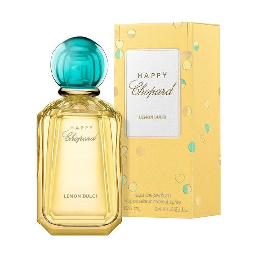 Happy Chopard Lemon Dulci perfume bottle with yellow box and turquoise cap