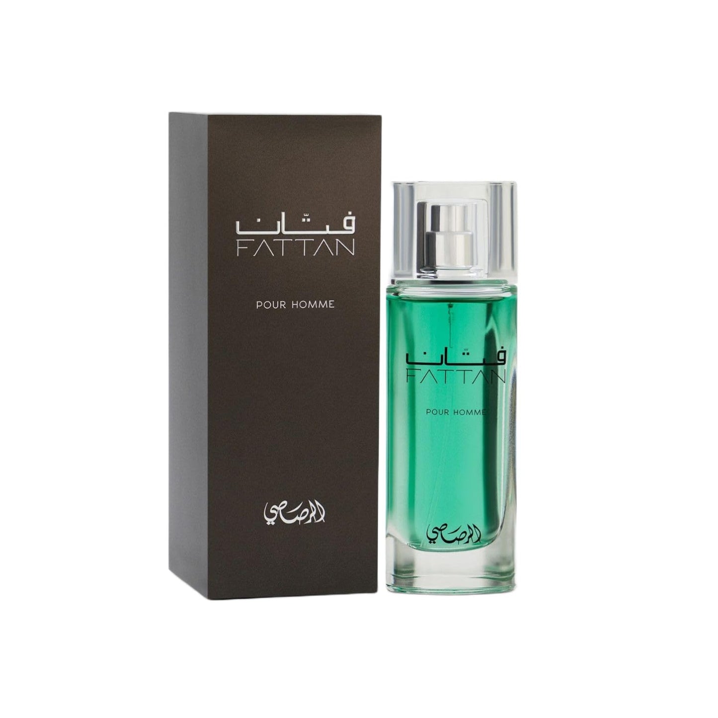 Fattan Pour Homme men's perfume with green liquid, sleek glass bottle and dark box, Arabic fragrance