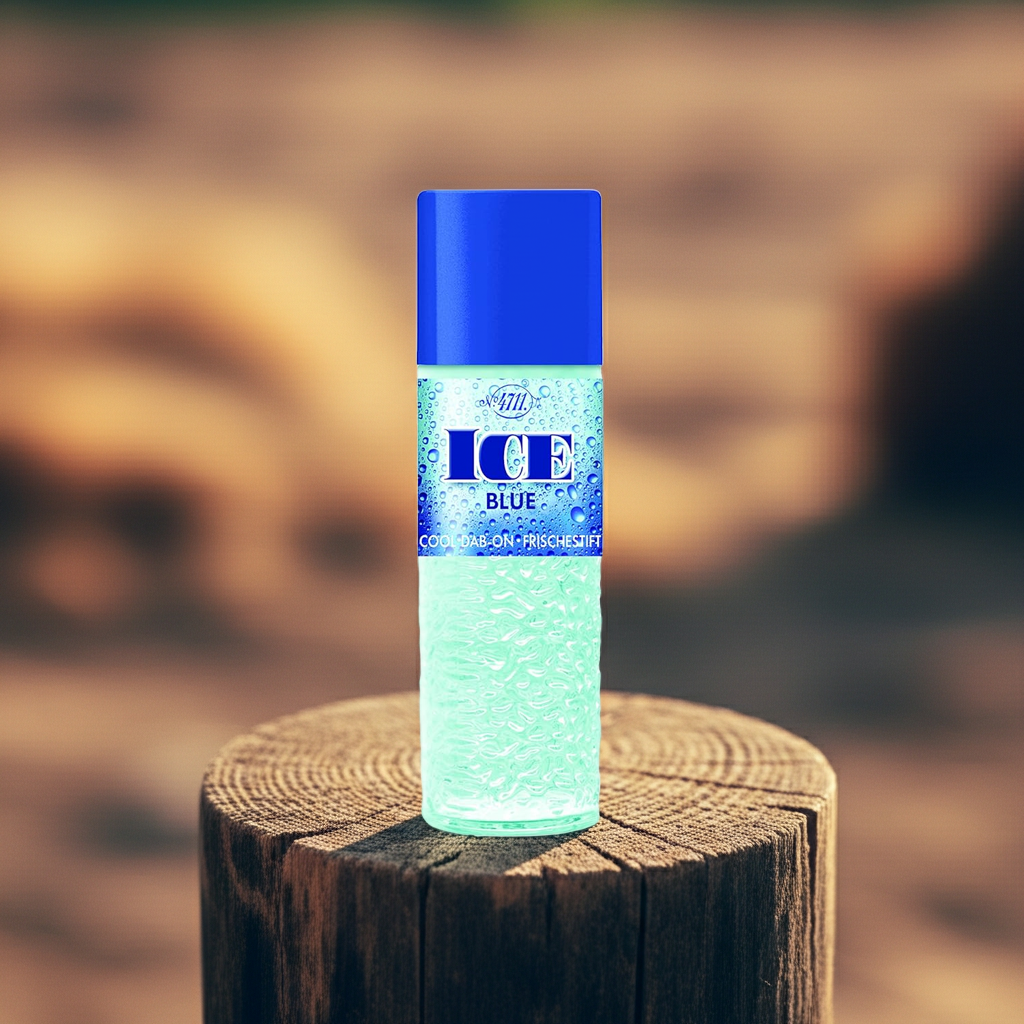Cooling blue roll-on stick with textured gel bottle on wooden surface outdoors