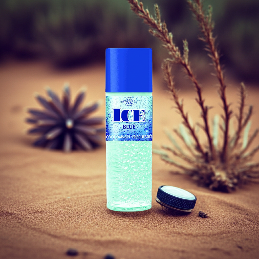 Ice Blue cool dab-on bottle for skincare resting on sandy desert ground with dry plants
