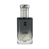 Ajmal Carbon perfume bottle with metallic cap and sleek black gradient design.
