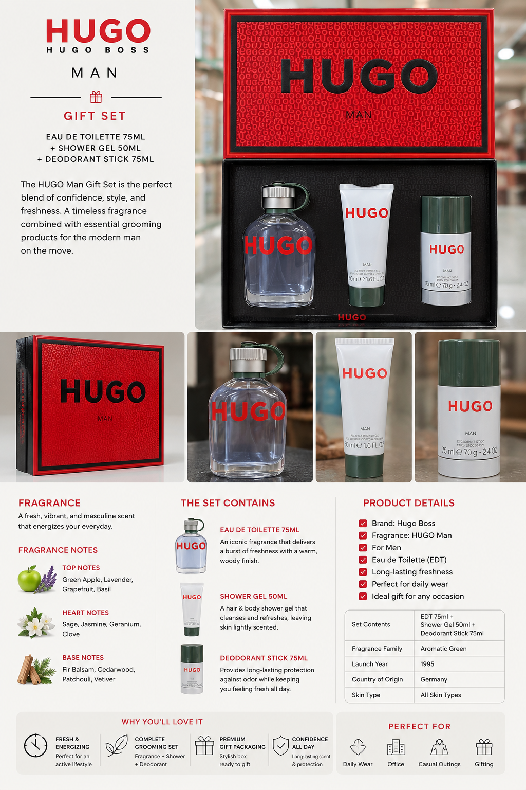 Hugo Man Gift Set (75ml EDT + 50ml Shower Gel + 75ml Deodorant Stick)
