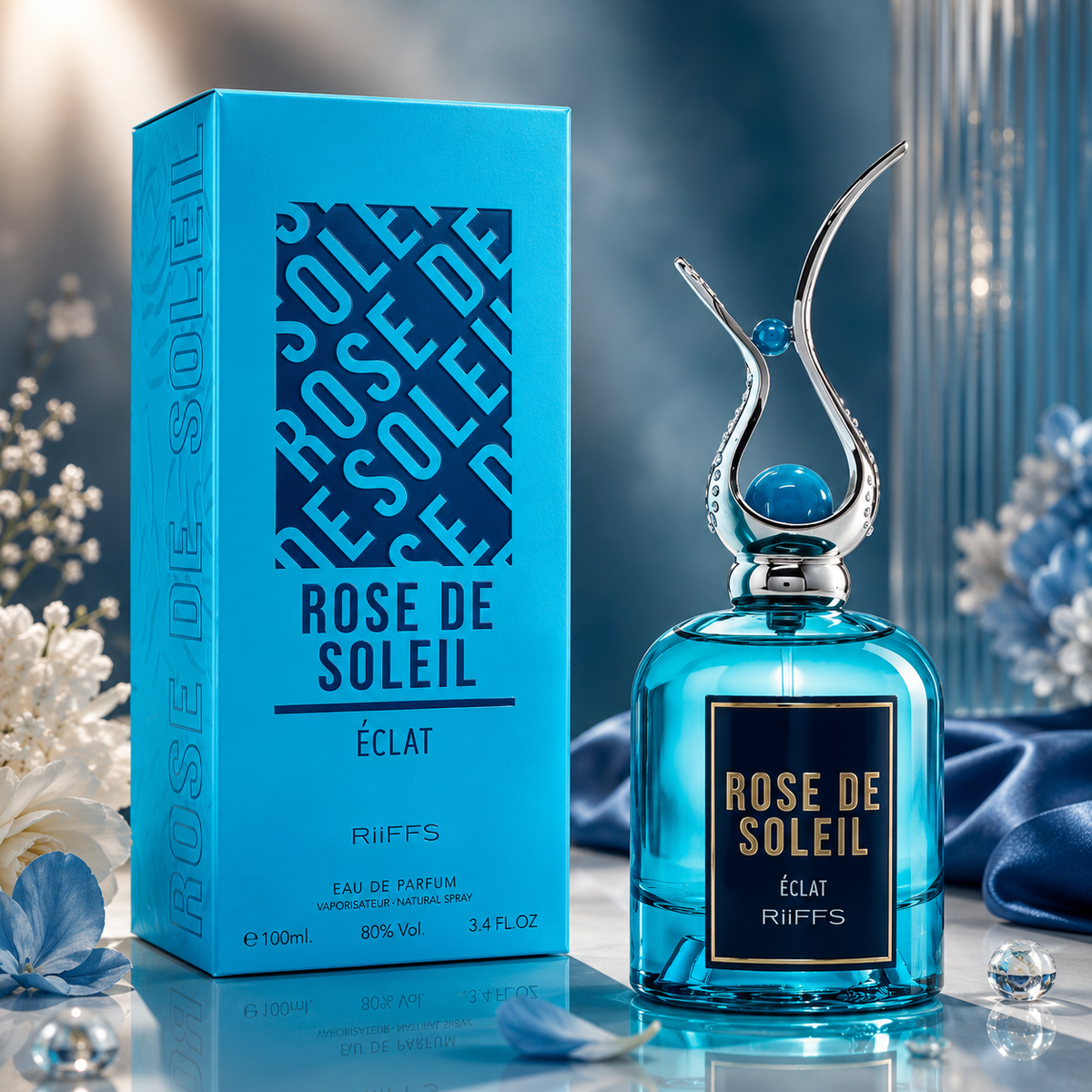 Rose de Soleil Éclat Eau de Parfum by Riiffs — luxury blue bottle with artistic cap, 100ml, premium fragrance