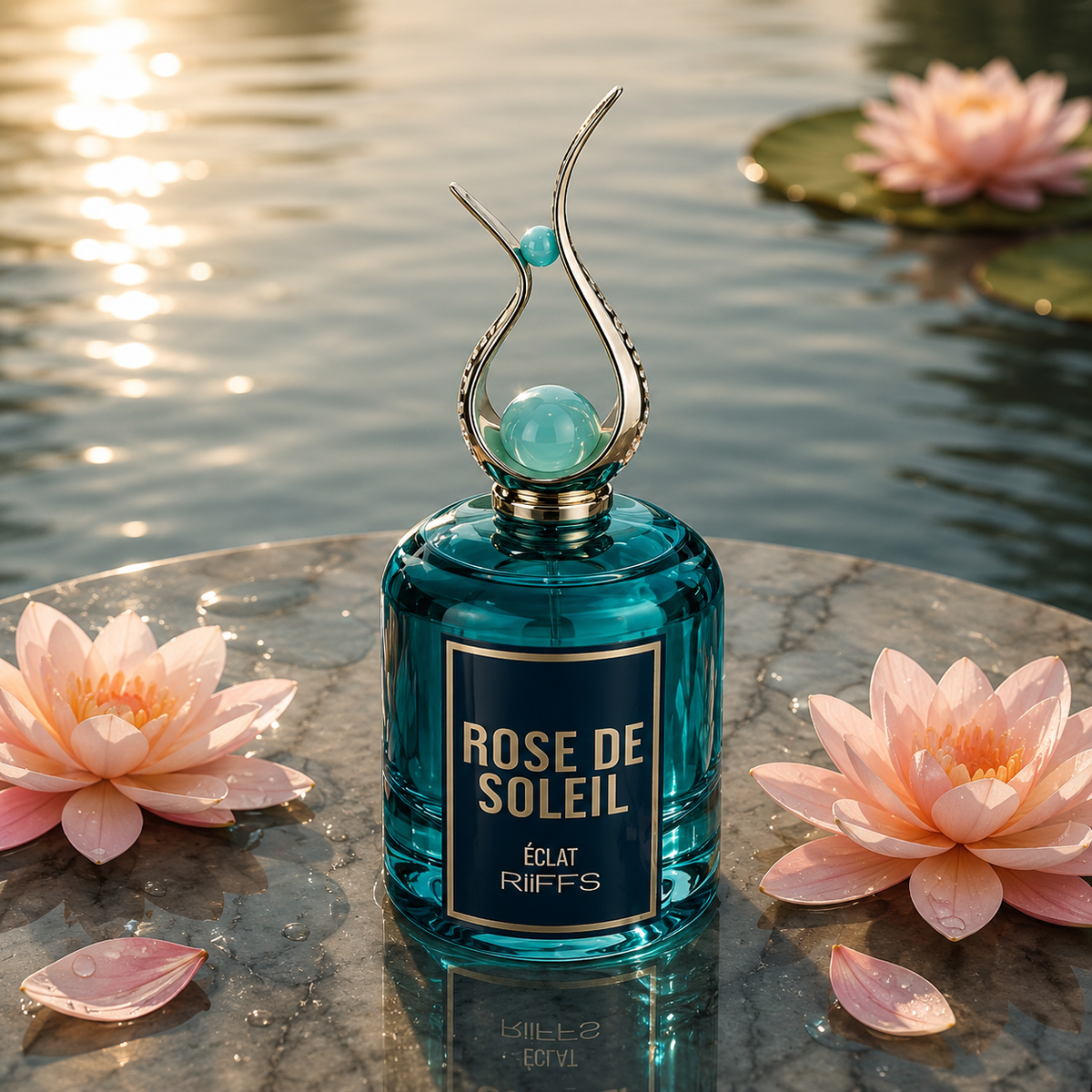 Rose de Soleil Éclat Riiffs luxury perfume bottle with teal glass, elegant cap, and water lilies by water