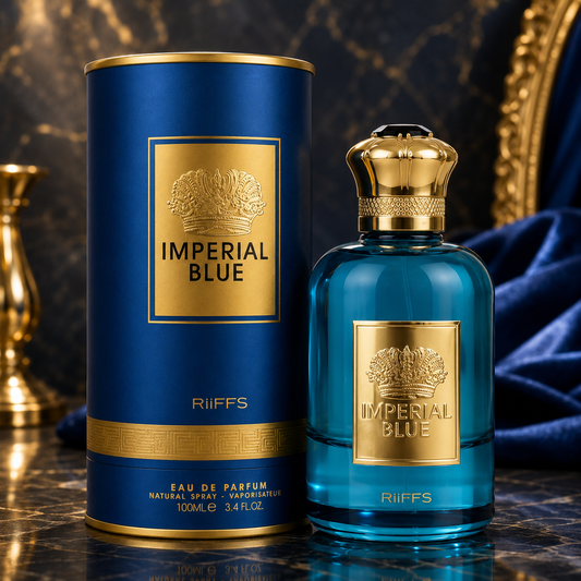 Imperial Blue Eau de Parfum by RiiFFS, luxury blue bottle with gold crown cap, premium fragrance for men