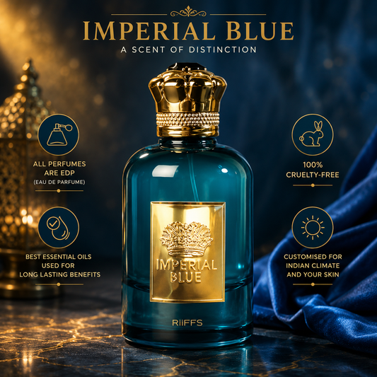 Imperial Blue EDP perfume bottle with gold crown cap, luxury fragrance for long-lasting scent, cruelty-free, crafted for Indian climate