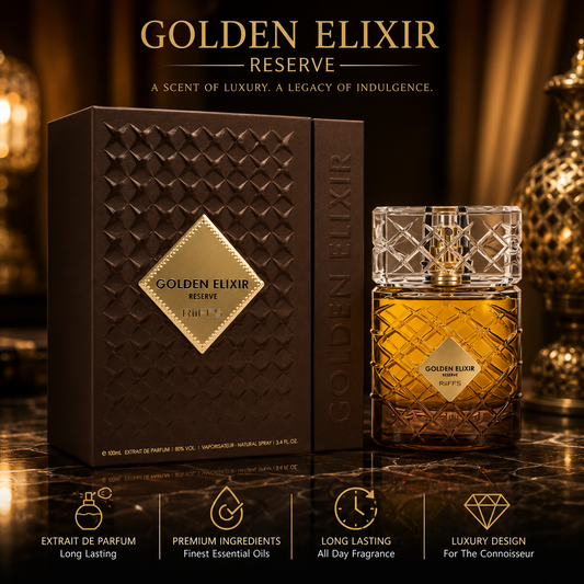 Golden Elixir Reserve luxury perfume with oud notes, premium ingredients, long-lasting fragrance in elegant crystal bottle