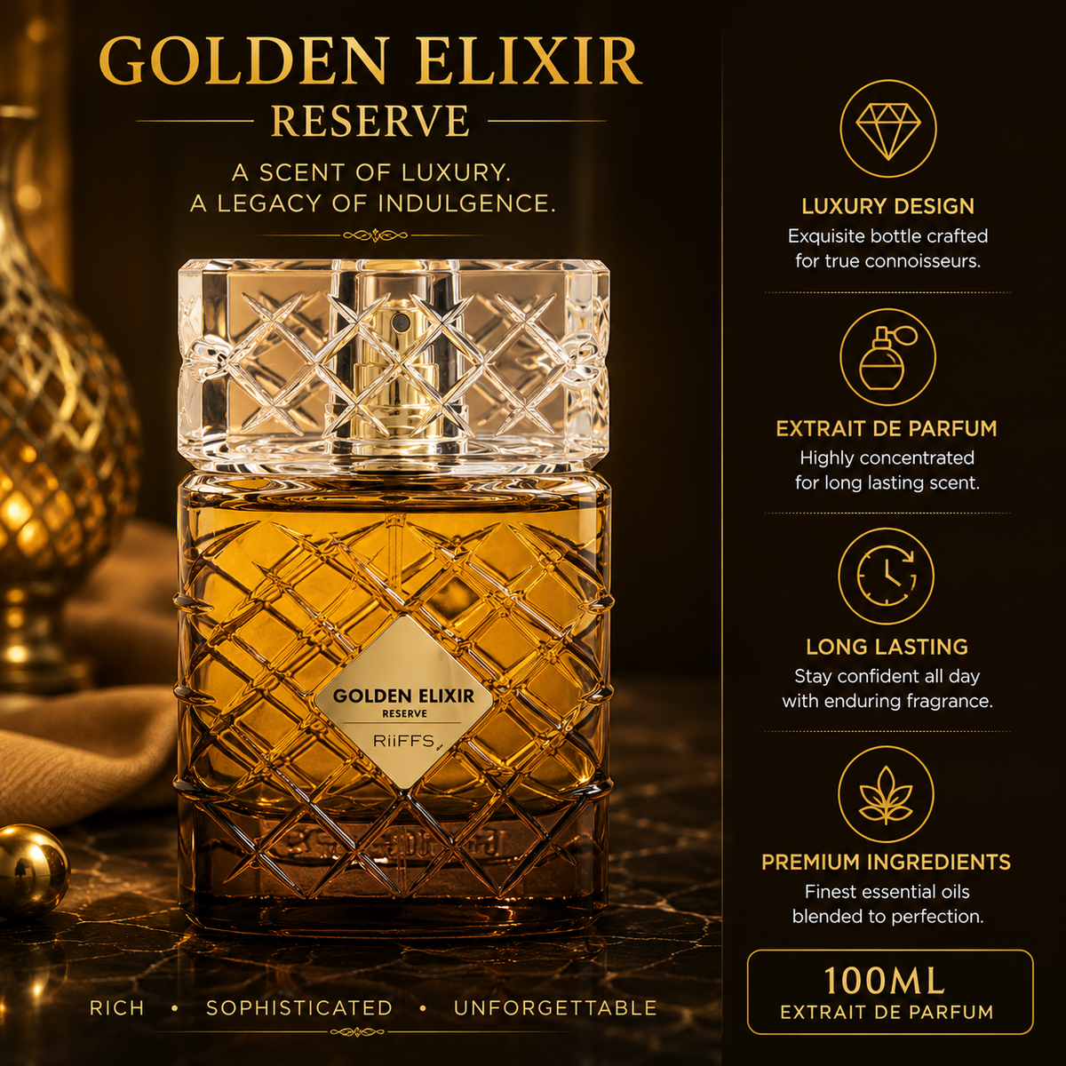 Golden Elixir Reserve Extrait de Parfum - luxury 100ml bottle with premium ingredients, long-lasting fragrance