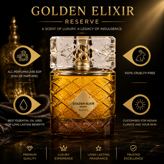 Golden Elixir Reserve luxury perfume bottle with amber fragrance, diamond-cut design, cruelty-free & long-lasting scent