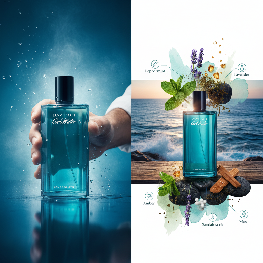 Davidoff Cool Water eau de toilette bottle with water splash, ocean, and fragrance notes like peppermint, lavender, amber, sandalwood, and musk.