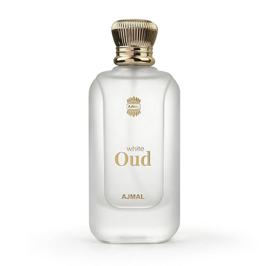 White Oud perfume by Ajmal, luxury Arabic fragrance with gold cap and elegant frosted glass bottle
