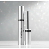 Silver tube of Lashbond eyelash serum with applicator on light background