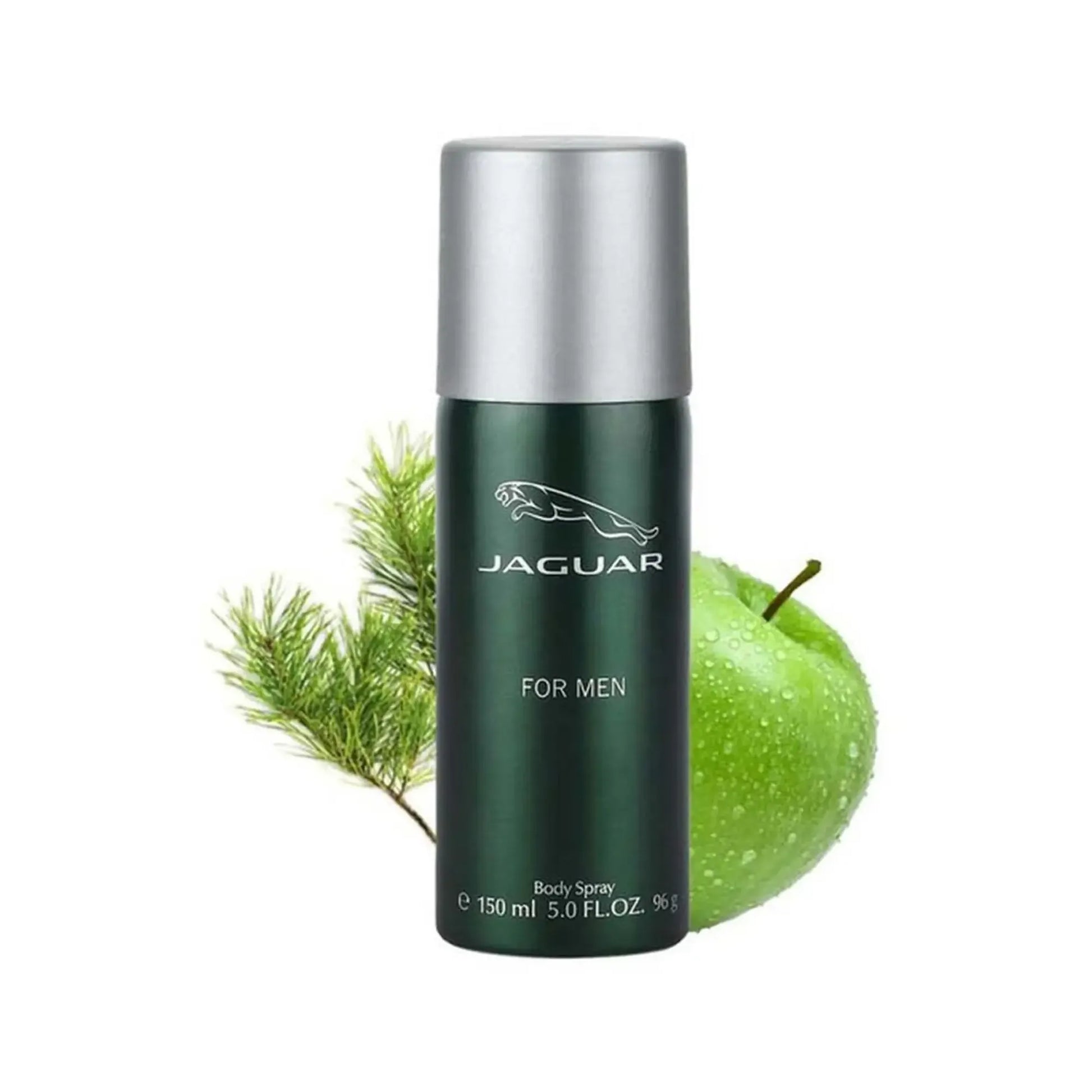 Jaguar For Men body spray 150ml with green apple and pine branch on white background
