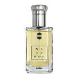 Clear glass bottle of Ajmal Neutron perfume with silver cap and yellow liquid, front view