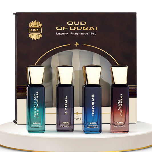 Ajmal Oud of Dubai Eau De Parfum Gift Set (Oud of Dubai, Scent of the Ocean, Nereus, Kyros – 4 x 20ml)