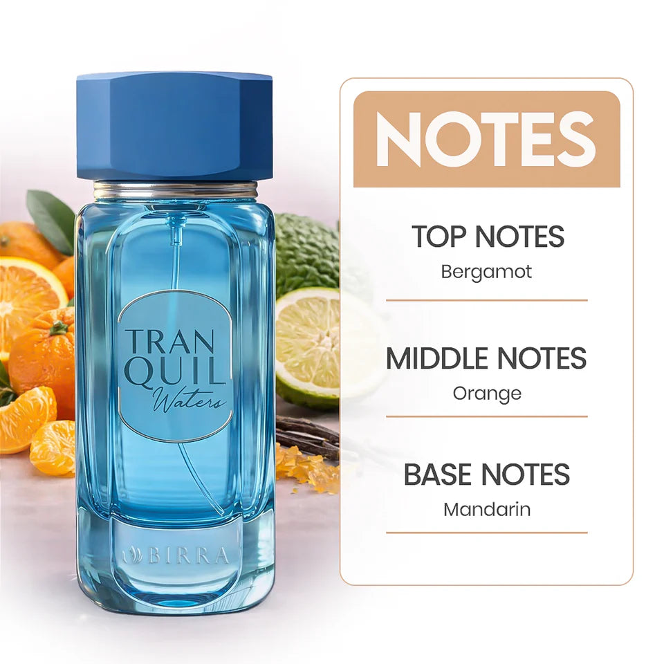 BIRRA Tranquil Waters Eau De Parfum, Fresh Aquatic Citrus Scent, Long-Lasting Natural Spray, 100ml