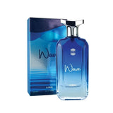 Ajmal Wave 100ml blue perfume bottle with matching box, gradient glass, and silver cap