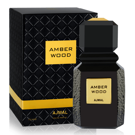 Ajmal Amber Wood Eau de Parfum bottle and luxury black box with gold accents, 100ml