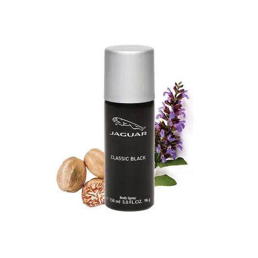 Jaguar Classic Black body spray with nutmeg seeds and purple flower, 150ml can