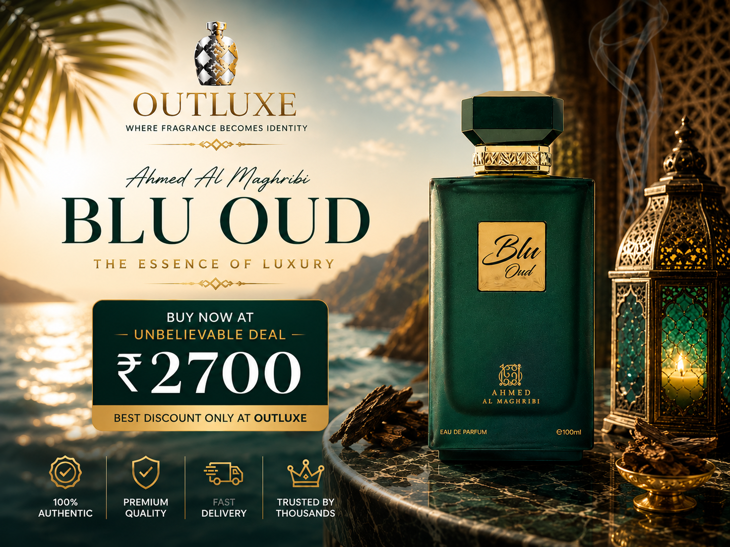 Luxury Blu Oud perfume by Ahmed Al Maghribi, premium Arabic fragrance with oud, displayed beside ornate lantern and coastal view