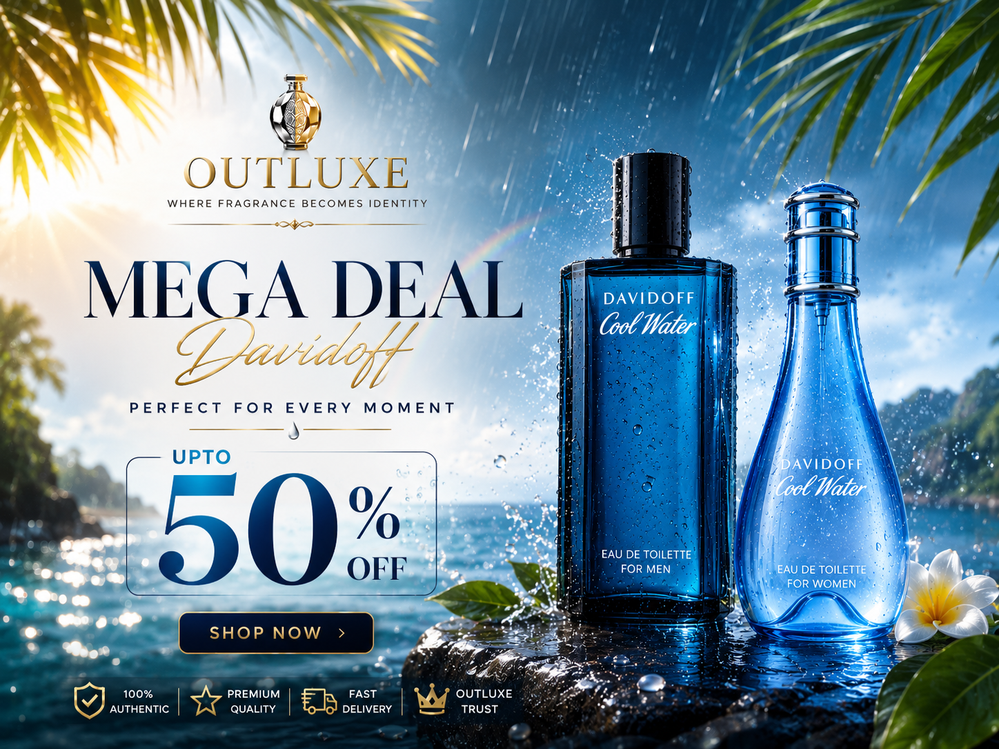 Davidoff Cool Water for Men & Women Eau de Toilette bottles on tropical beach, up to 50% off luxury perfumes