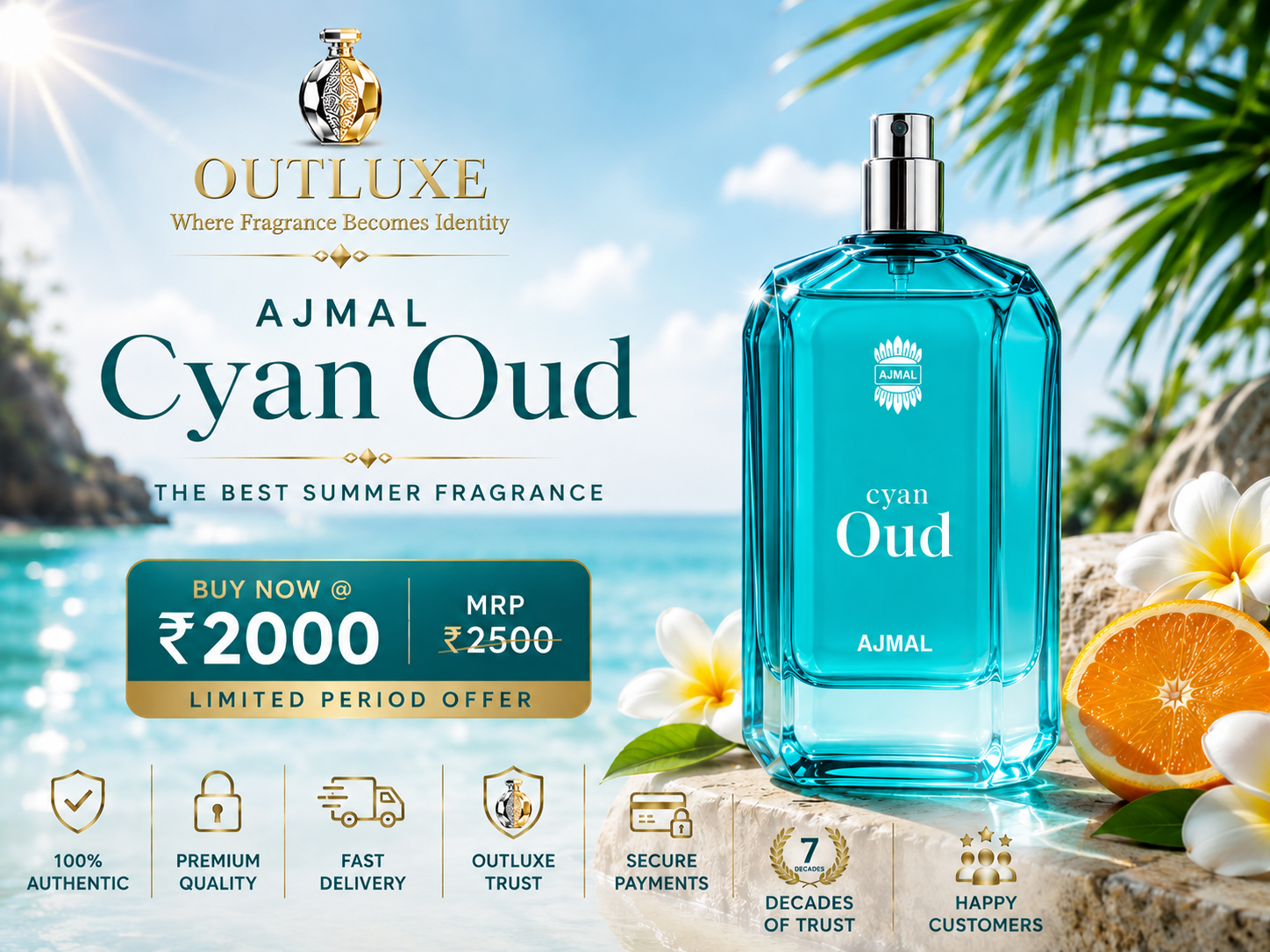 Ajmal Cyan Oud perfume bottle with tropical beach background, orange slice, and frangipani flowers