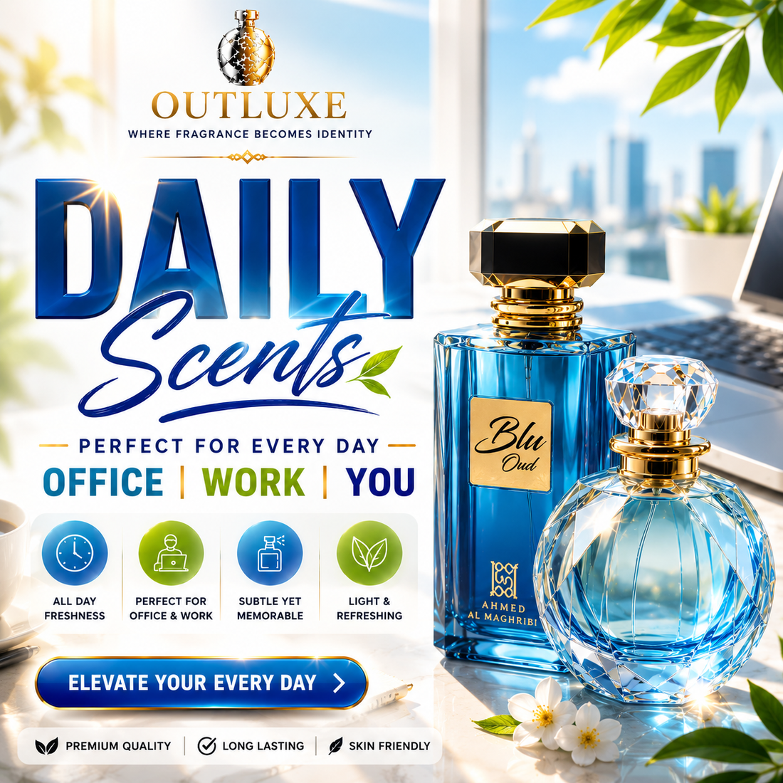 Luxury blue perfume bottles for daily office wear, featuring long-lasting oud scents and premium quality fragrance.