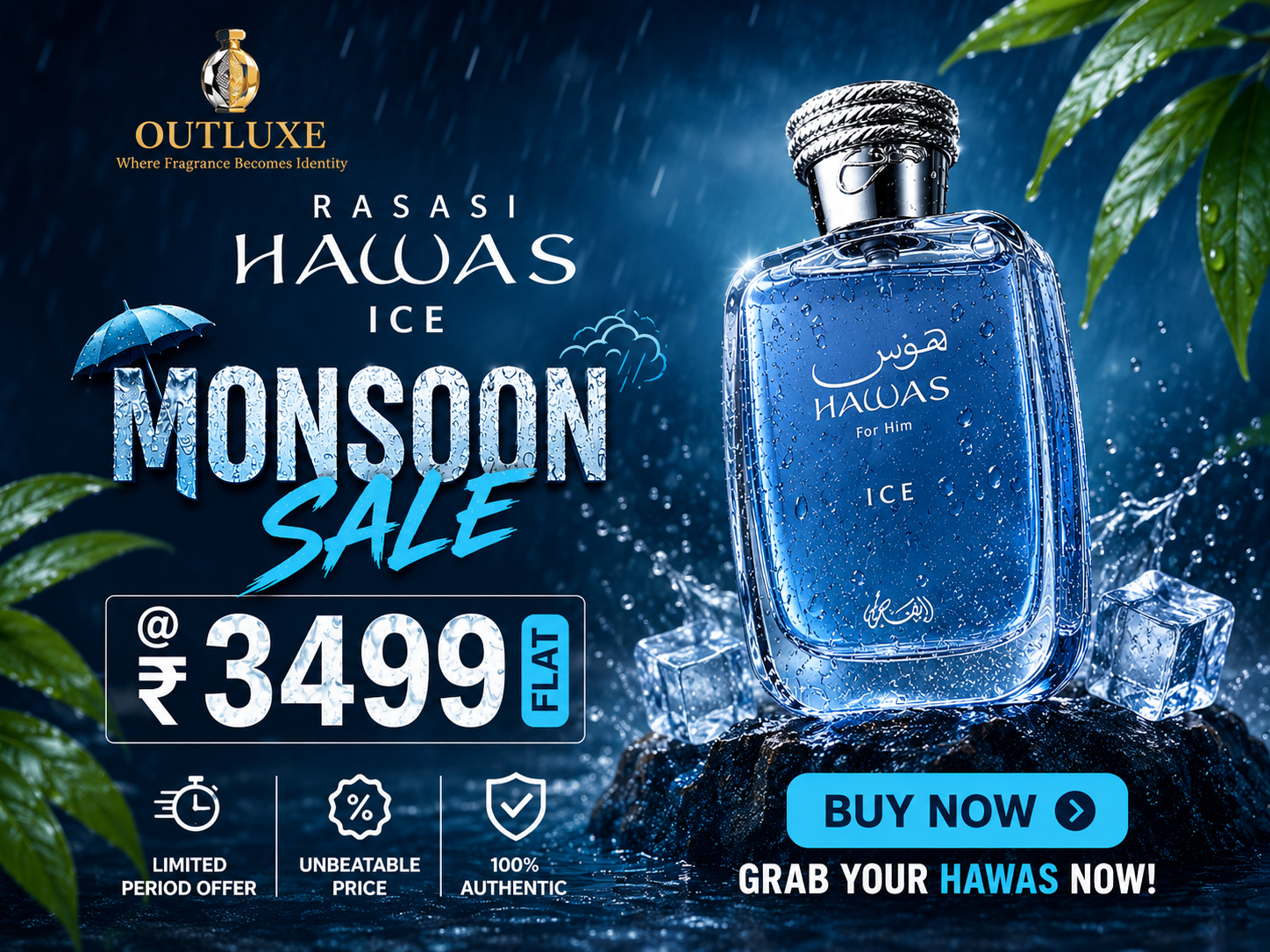 Rasasi Hawas Ice for Him perfume bottle with rain and ice cubes, Monsoon Sale offer