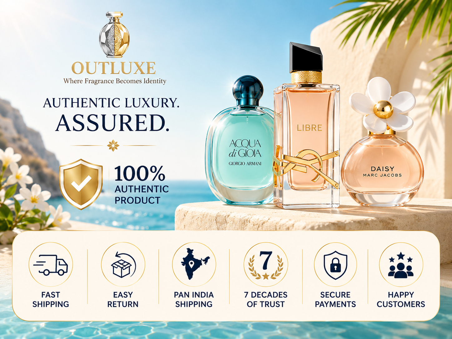 Luxury perfumes including Acqua di Gioia, Libre, and Daisy by Marc Jacobs, showcased with authentic luxury assurance and fast shipping benefits.